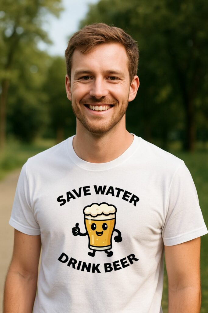 Bière et texte Homme avec un t-shirt blanc et le texte save water drink beer